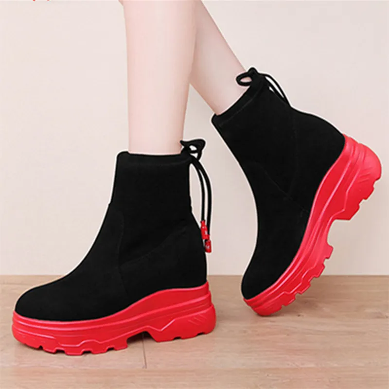 Botas de inverno Mulheres rebanho Ankle Neve Botas Quente Preto Lace-Up Autumn Platform Sapatos Vermelhos Chunky Mulheres Insole Snow Botas 1582W