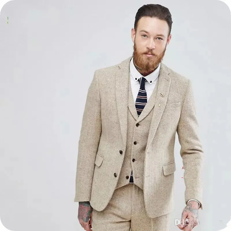 Automne Hiver Populaire Beige Tweed Marié Tuxedos Notch Lapel Deux Boutons Mode Hommes Robe De Mariée Hommes 3 Pièce Costume (Veste + Pantalon + Cravate + Gilet) 996