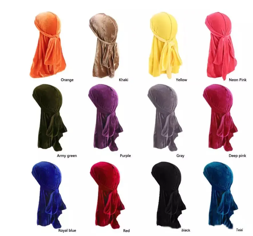 Nieuwe mannen vrouwen bandana fluwelen tulband hoed durag hip hop hoofddeksels hoofddoek lange staart headwrap schedel cap piraat hoed voor mannen en vrouwen 12 kleuren