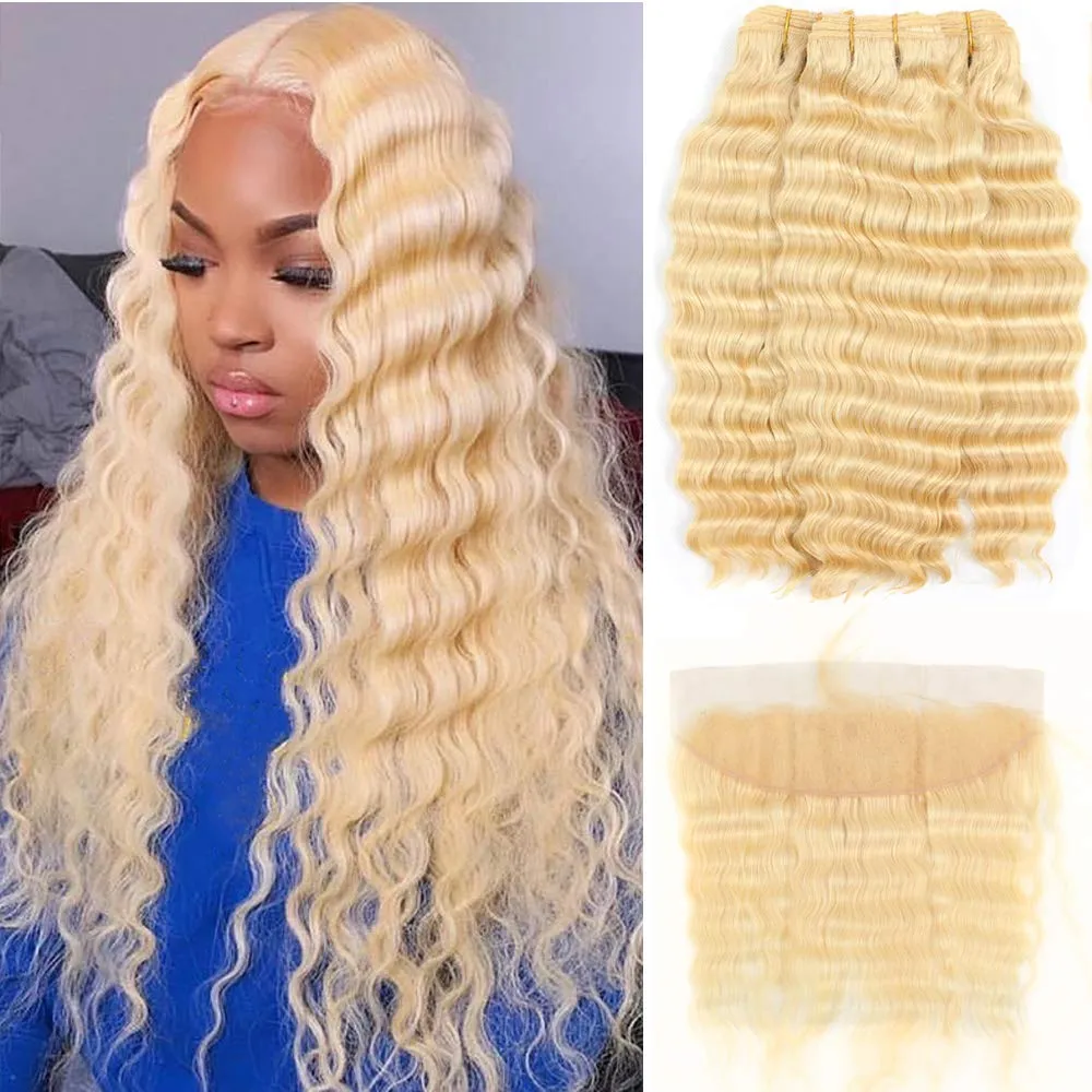 Cabelo humano peruano Três pacotes com 13x4 Lace Frontal Blonde Deep Wave 613# Ear atacado a orelha Frontals Bundle 10-28 polegadas