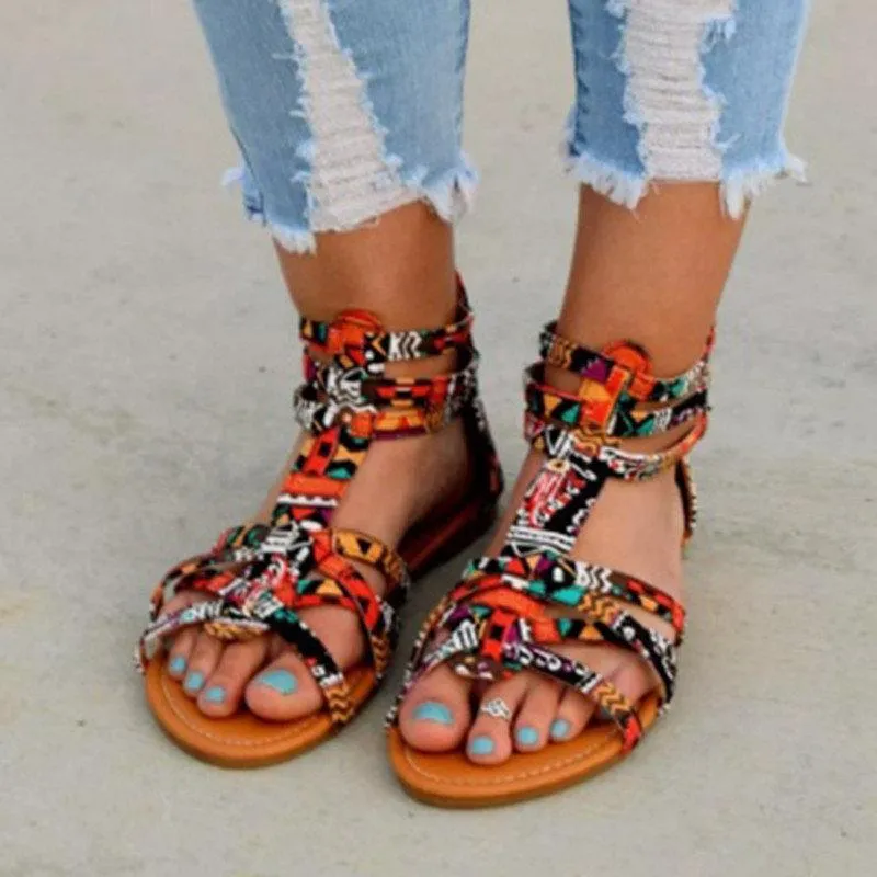뜨거운 판매 - 보헤미안 여성 플랫 신발 여름 다채로운 boho sandalias mujer 다채로운 여성 해변 평면 플러스 크기 34-43