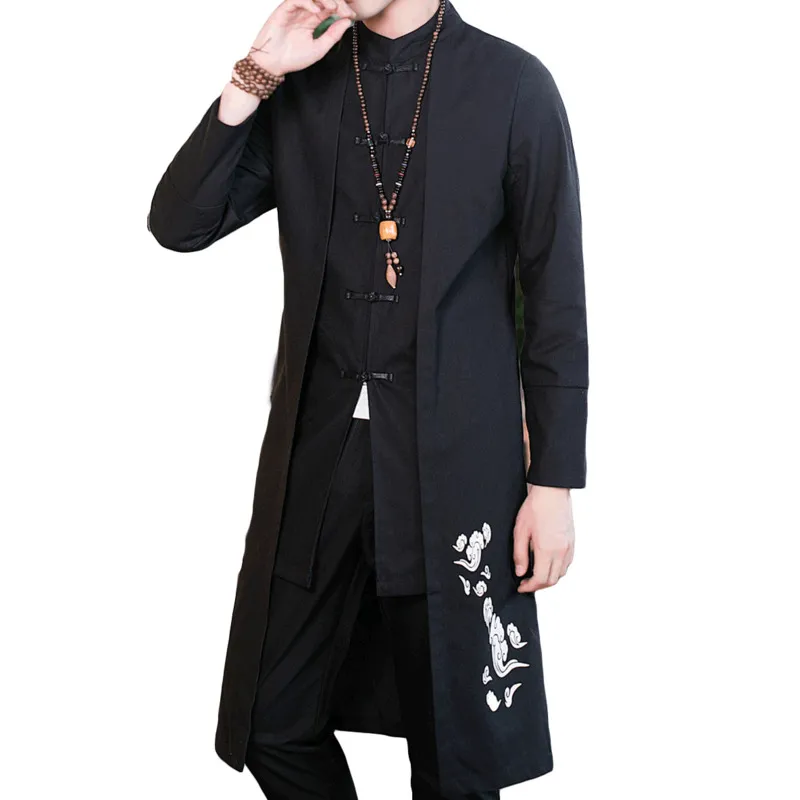 #4008 Straight Cotton Linen Trench Coat Men Plus Size Mandarin Collar Embroidery Vintage Chinese Style Clothing False Two Piece