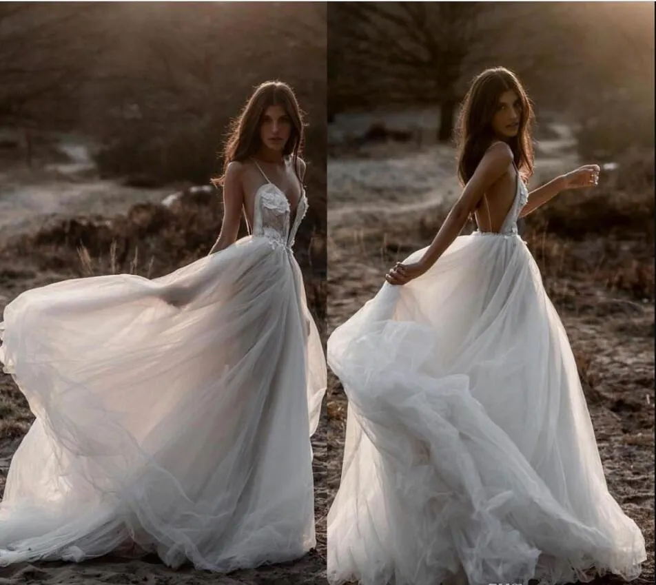 Berta 2019 New Beach Sexy Wedding Dresses Spaghetti Backless Lace