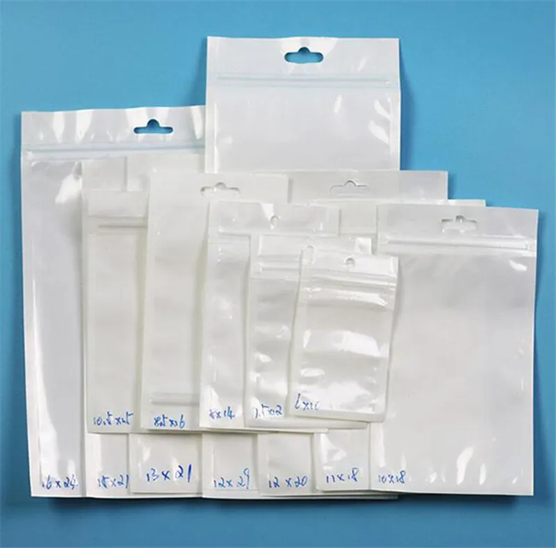 Zipper Clear + White Pearl Plastic Packing Zip Retail Packages Zipper Poly OPP PVC Package Boxes Väska för kablar Telefon Tillbehör