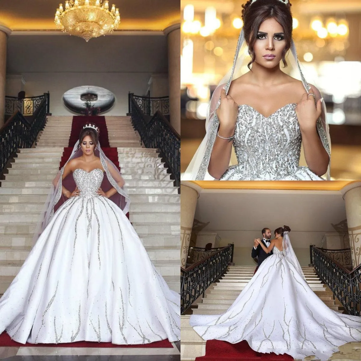 2020 Dubai Arabo Modest Ball Gown Abiti da sposa Sweetheart Cristalli Perline Abito da sposa Raso Backless Lungo Abiti da sposa AL5952