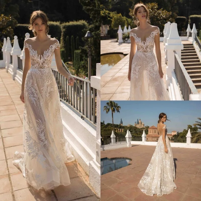 Berta 2019 Full Lace Wedding Dresses Bohemian V Neck -applikationer strand brudklänningar brud boho en linje bröllopsklänning vestidos de novia