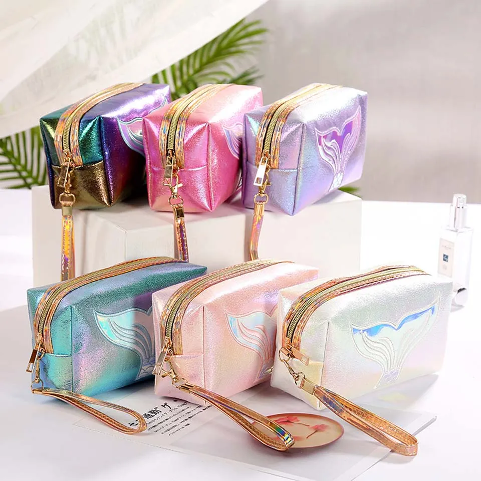 Maquiagem rabo de peixe pacote Mulheres colorido Cosmetic Bag Zipper Marca Up Handbag Organizer armazenamento caso malotes de Higiene Pessoal Wash Box