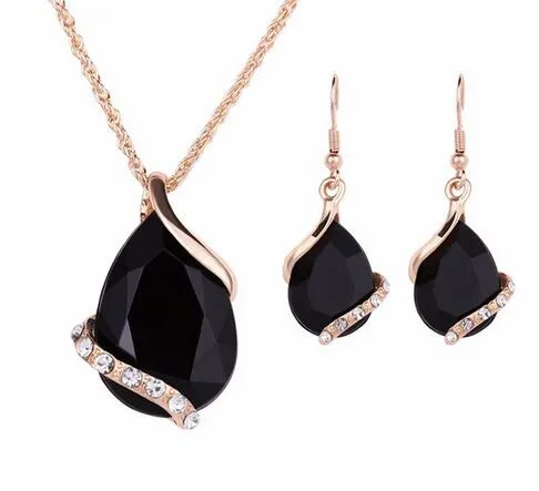 Black Crystal Earrings Necklaces Sets Gold Color Jewelry Sets for Women Geometric Design Wedding Jewelry 2PCS Jewelry Sets