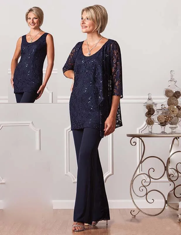 Trajes De Pantalones De Encaje Azul Marino Para La Madre De La