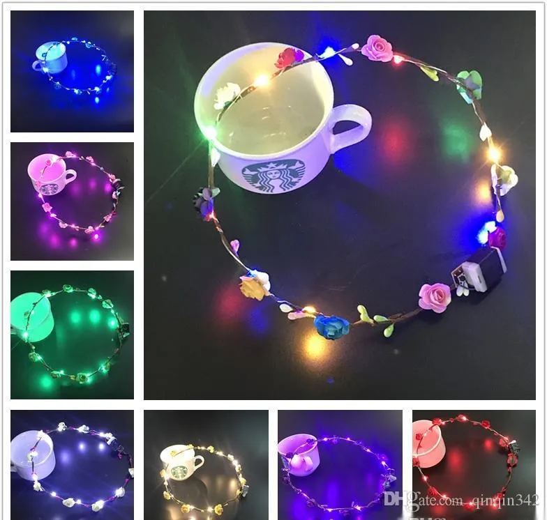 Clignotant LED Bandes de cheveux cordes Glow Flower Crown Bandeaux Light Party Rave Floral Hair Garland Lumineux Couronne Décorative GGA1276 DHL