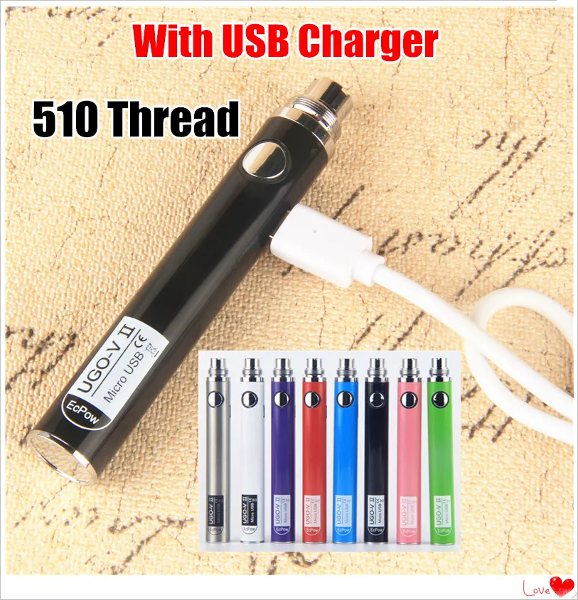 100 ٪ الأصلي UGO V II المبخر 510 موضوع البطارية مايكرو USB Passthrough Vape Pen 650 900 مللي أمبير EVOD eGo T Vape بطاريات مع شاحن USB