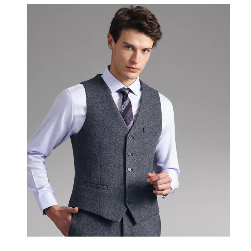 2019 New Grey Noivo Coletes Coletes de Lã de Casamento Slim Fit Herringbone Tweed Mens Coletes Vestido Sob Medida Casaco Fazenda Country Plus Size