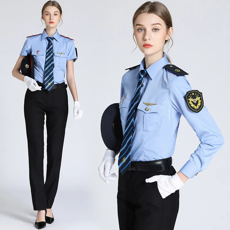 Bluzki damskie koszule dyrygent kolejowy mundur dama pociągiem niebieska bluzka Krótka długotropiwana szybka koszula odzież kolejowa