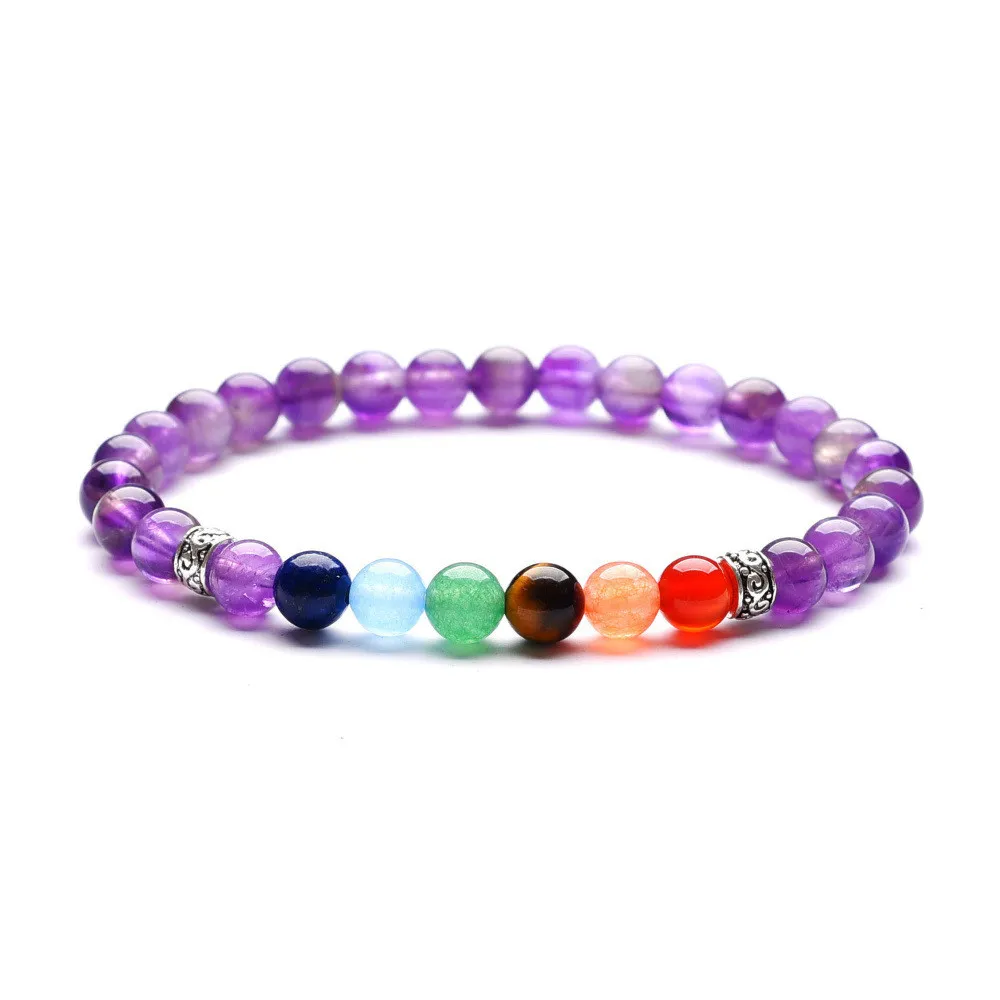 Dames 6mm Lava Rock 7 Chakra Charm Energy Healing Armband Stretch Natural Stone Yoga Bead Bracelet