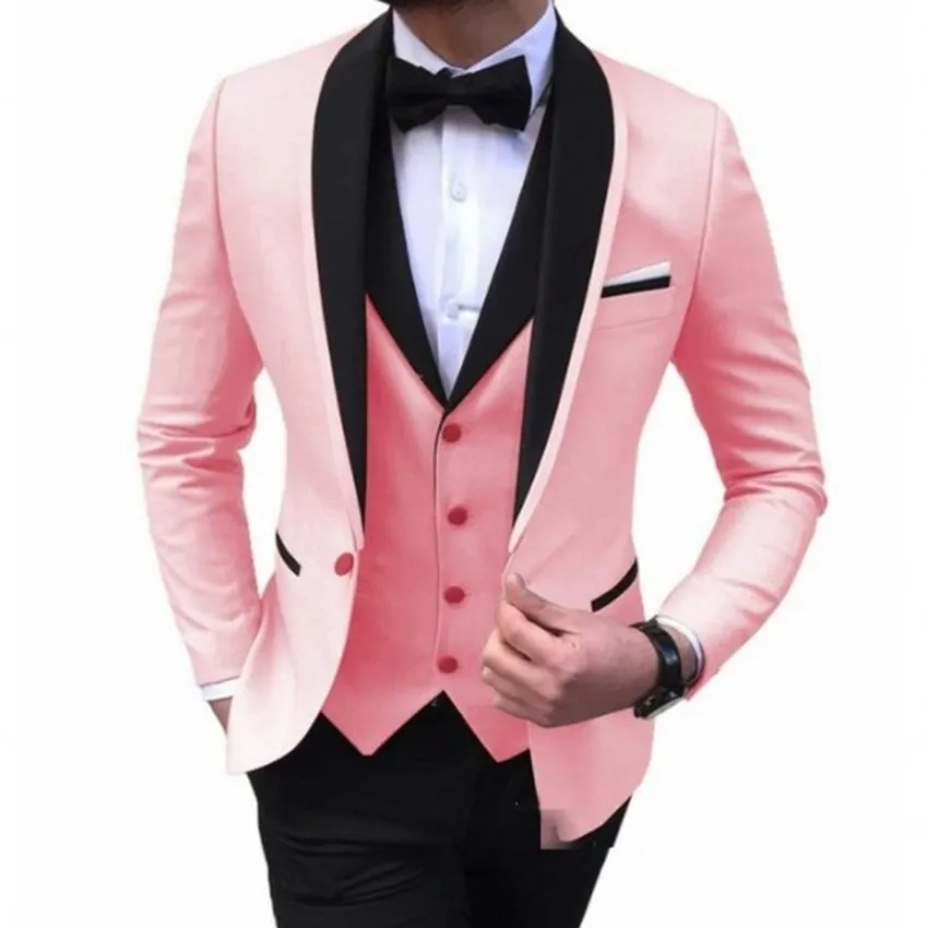 Brand New Pink Groom Tuxedos Black Lapel Groomsmen Mens Bröllopsklänning Mode Man Jacka Blazer 3piece Suit (Jacka + Byxor + Vest + Tie) 213