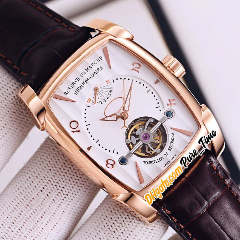 Nowa Kalpa Rose Gold Case PFH150-1032500 Automatic Tourbillon Power Reservem Mens Watch White Dial Brown Leather Strap Zegarki Pure_Time E59