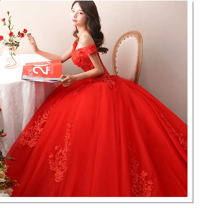 Red Ball Gown Luxury Wedding Dresses Bateau Cap Sleeves Royal Train Lace  Online – jolilis