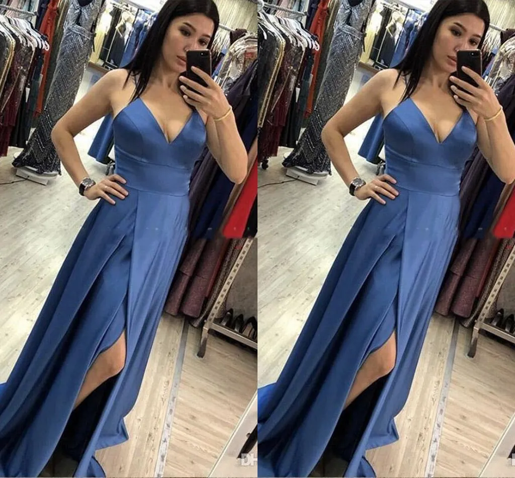 Royal Blue Cheap A Line Prom Dresses Spaghetti Straps High Side Split Formell Dress Party Dress Long Evening Gowns Robe de Soiree