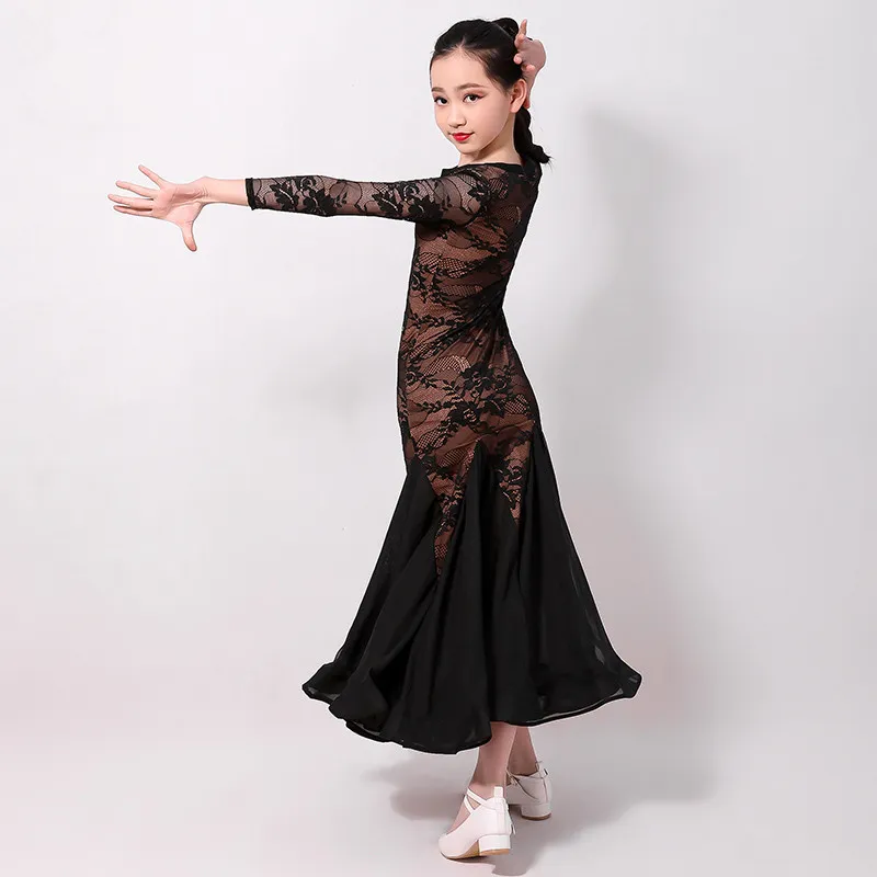 chinese dress ladies Black lace Latin ballroom dance dress for girls kids national standard  waltz tango rhythm dance competition gown for kids  Moderndancedress.com