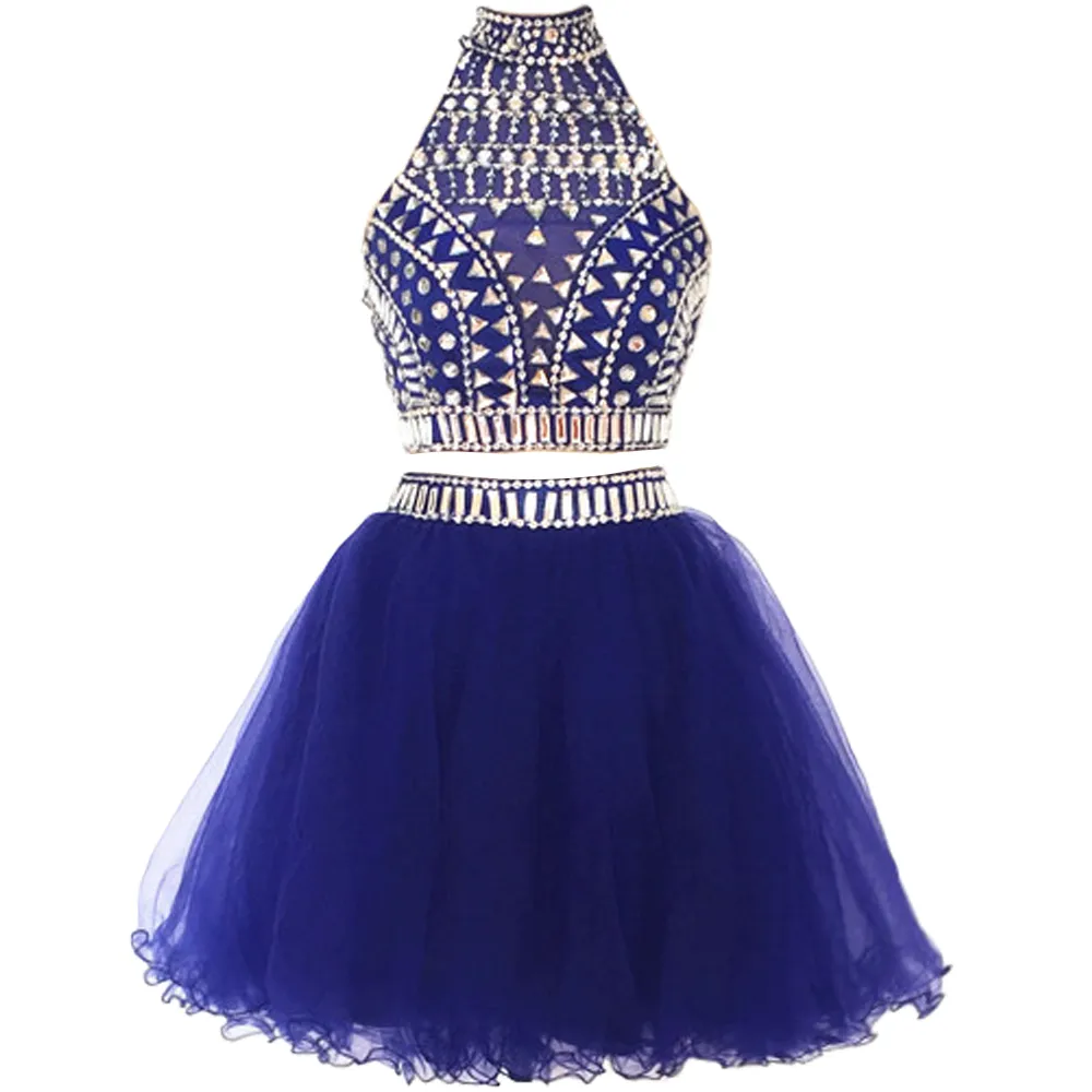 Court Deux Pièces Robes De Bal 2021 Strass Cristal Perlé Sweet 16 Robes Halter Junior Puffy Tulle Homecoming Graduation Gowns204e