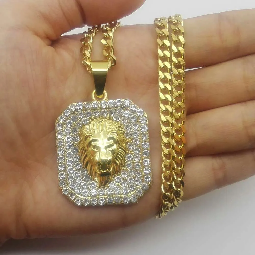 Hip hop aslan kafası buzlu out kolye kolye erkekler için hayvan lüks tasarımcı kolye kolye Paslanmaz çelik altın zincirler Küba link zinciri