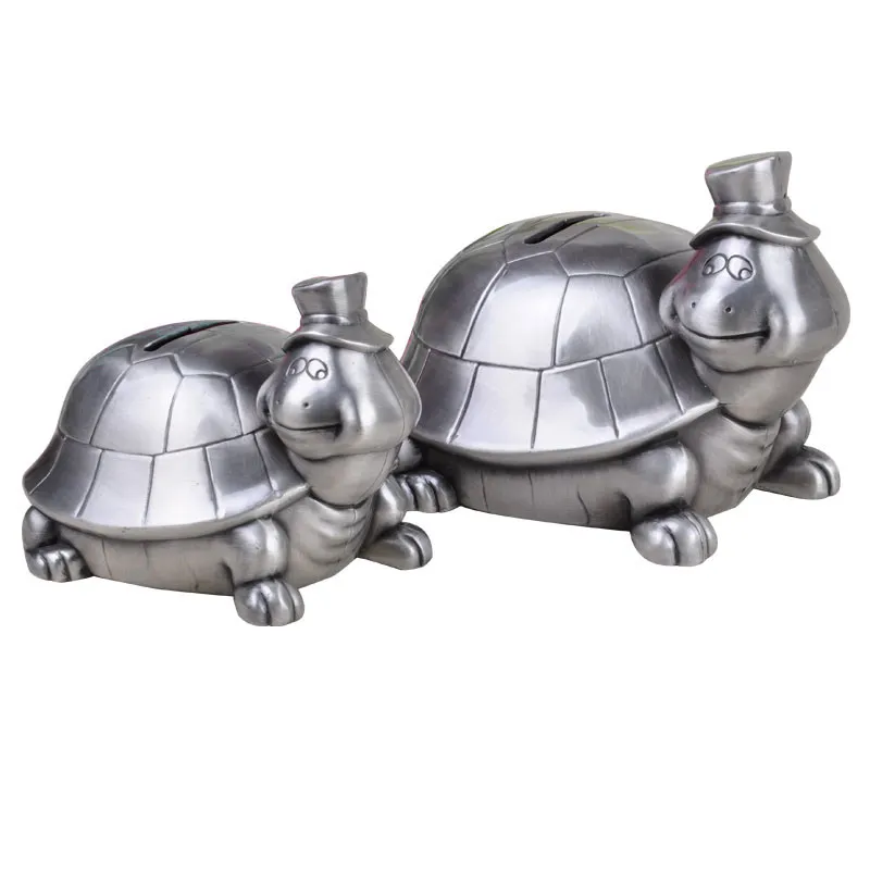 Cute Zinc Alloy Turtle Piggy Bank Figurines Vintage Pewter Finish Coin Saving Box Metal Crafts Gifts for Children