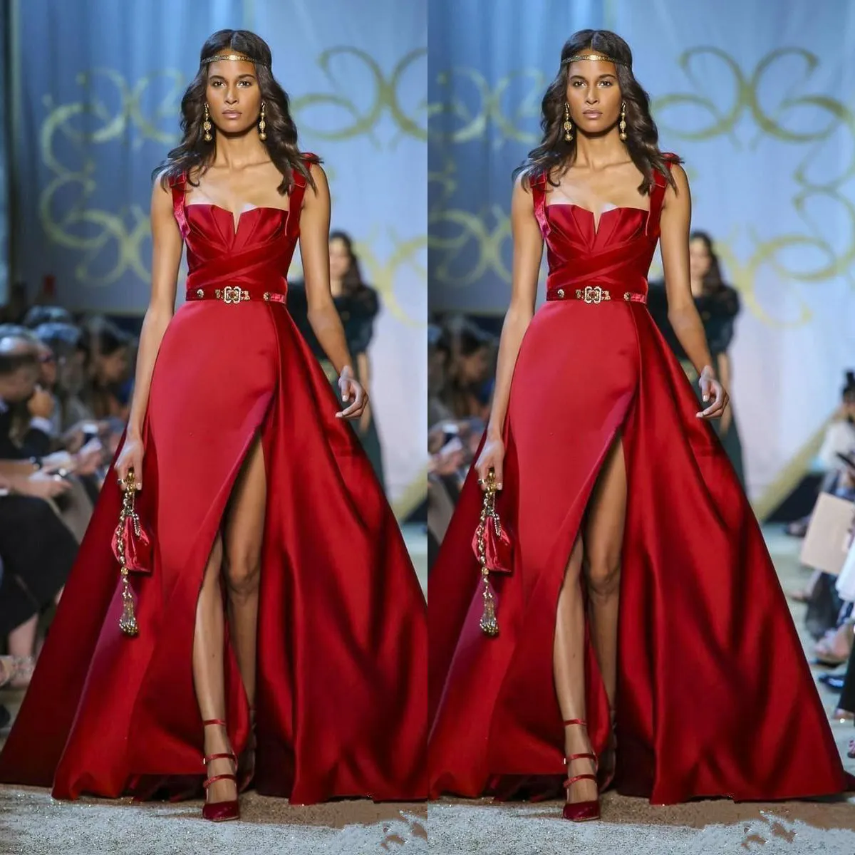 Elie Saab Red Eventes 2019オートクチュールスパゲッティAラインハイサイドスプリットプロム着用フォーマルパーティーガウンスペシャルジャンルドレス