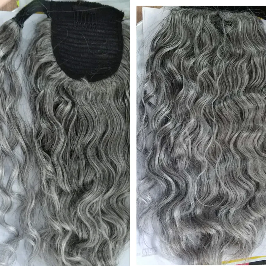 Vågig grå hästsvans hårförlängning för kvinnor wraps runt klippet i riktigt hår mänskligt hår Grå hårstycke Salt och peppargrå och vit