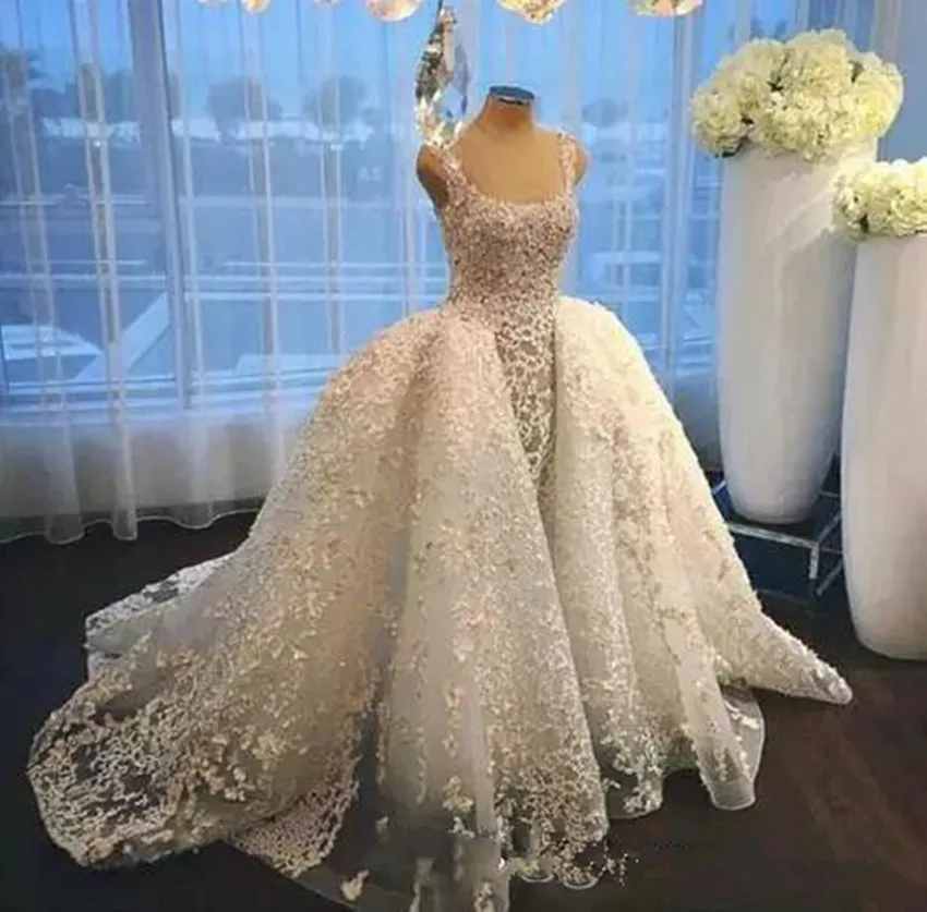 Luxury Full Lace Wedding Dresses With Detachable Train Square Neck Bridal Gowns Sweep Train Mermaid Wedding Dress Custom Made 3901