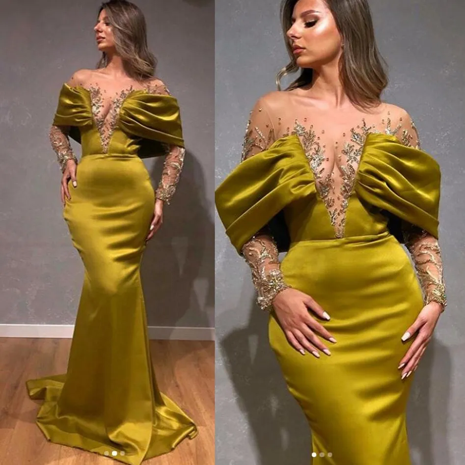 Gorgeous Sexy Oliver Prom Gowns abendkleider Long Formal Dresses Sheer Collar Full Sleeves Appliques Saudi Arabic Evening Gown