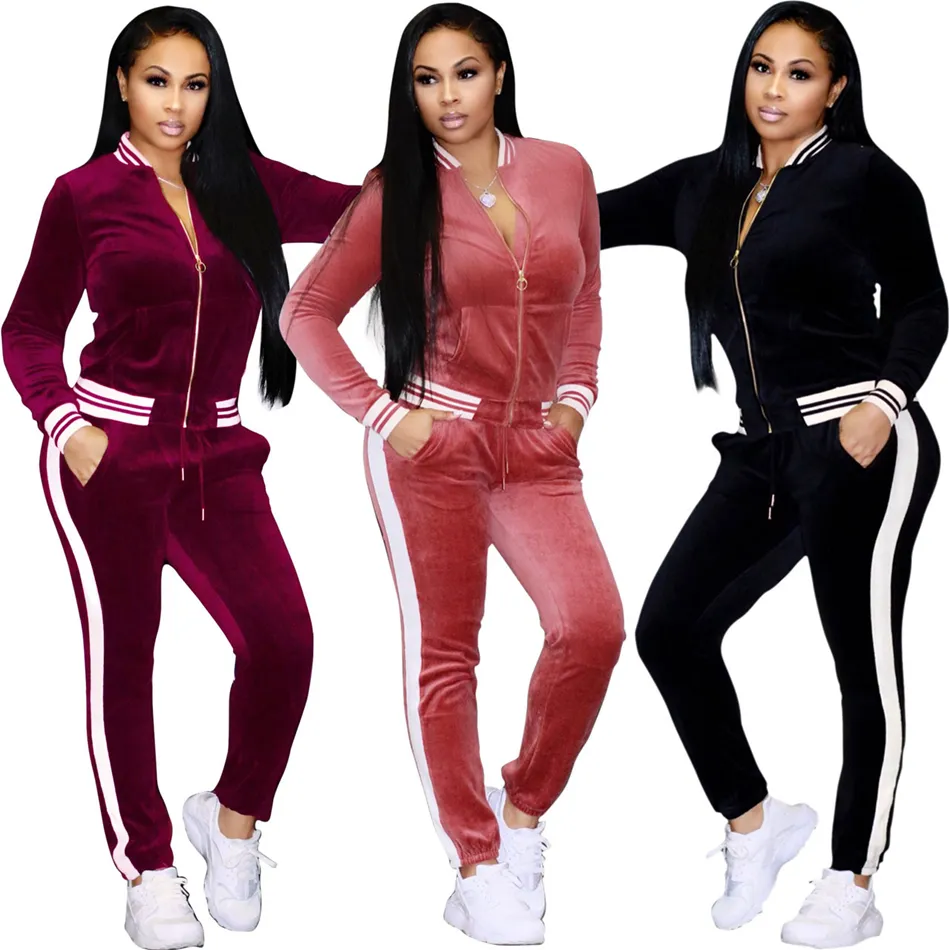 velluto donne vestito jogger rivestimento lungo del manicotto insieme a due pezzi cerniera della tuta outerwear abiti abbigliamento sportivo pantaloni cappotto della molla a righe LJJA3121