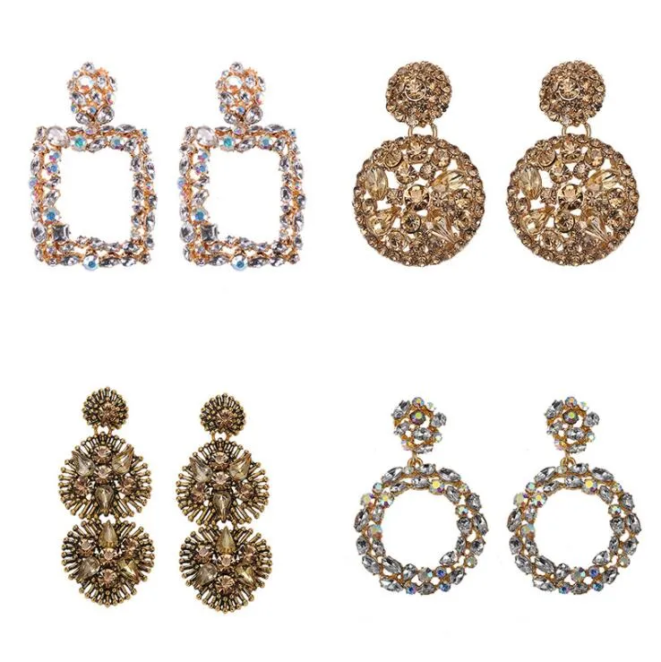 Fashion- designer exaggerated vintage geometry box circular diamond colorful rhinestone crystal pendant stud earrings for women girls