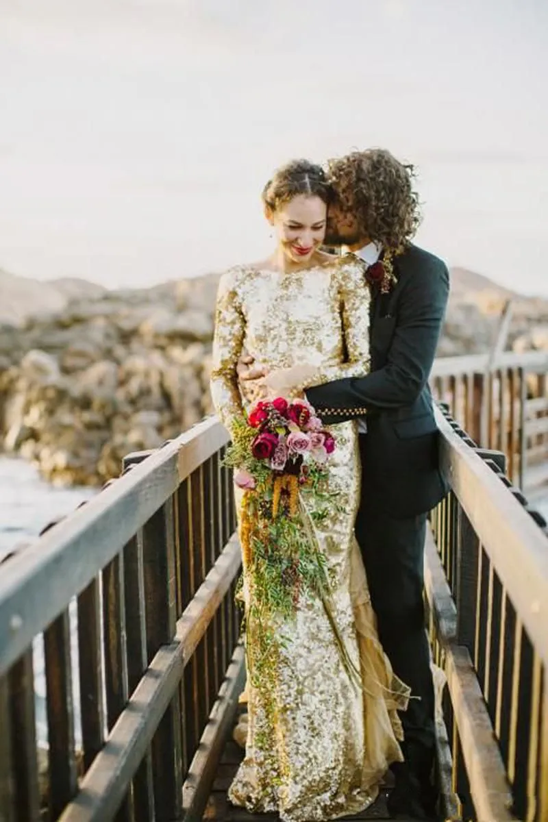 Sparkling Gold Sequin Gold Mermaid Wedding Gown With Long Sleeves Tiered Champagne Tull Train And Backless Design From Bridelee 95.6 DHgate.Com
