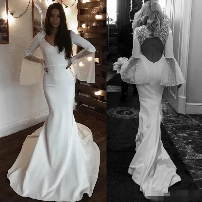 Long Dresses 2020 Mermaid Poet Sleeves V Neck Sexy Hollow Back Sweep Train Beaded Lace Applique Wedding Gown Robe De Mariee