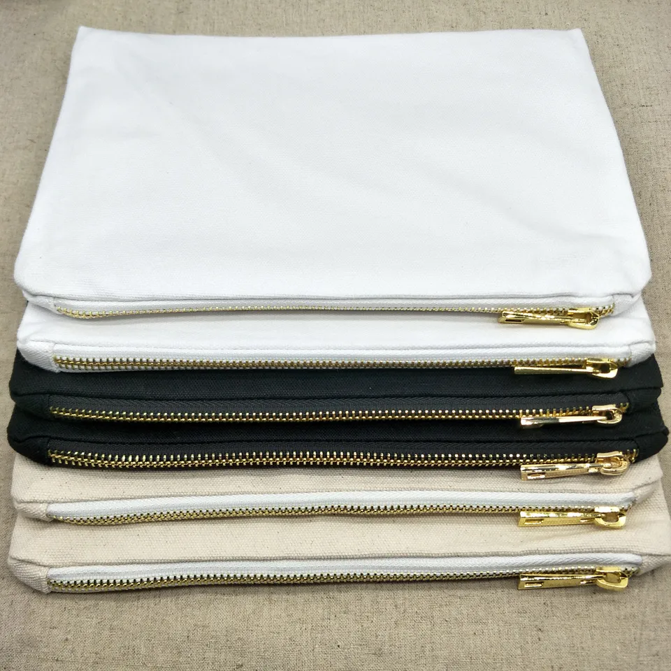 7x10in em branco bolsa de maquiagem de lona de algodão de 12 onças com zíper de metal para impressão DIY bolsa cosmética de lona preta/branca/natural com forro em estoque