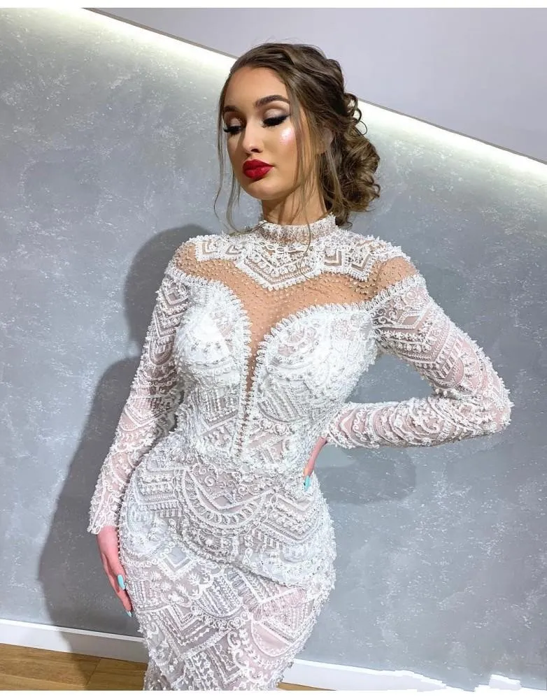 Gorgeous Koronki Suknie Ślubne Suknie Z Wysokiej szyi Sheer Neck Koraliki Długie Rękawy Sukienka Bridal Zipper Powrót Dubaj African Vestido de Noiva