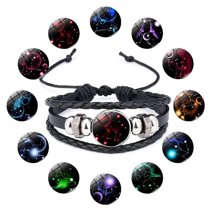 6 stilar Zodiac Sign Läderarmband 18mm Ginger Snap Knappar 12 Horoskop Charm Justerbar Bangle för Kvinnor Mäns Mode Smycken Present