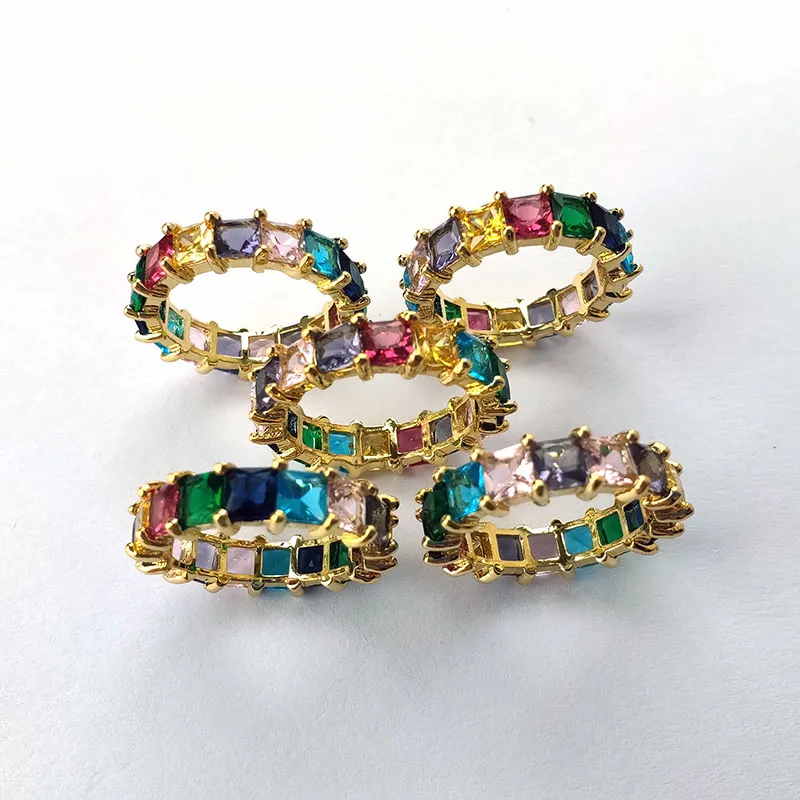 Gold filled Rainbow CZ finger rings,Trendy Sparkling cubic Zircon Stone Micro Paved for party wedding jewelry gift R191