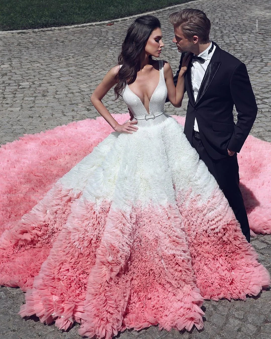 Pink and white ball hot sale gown