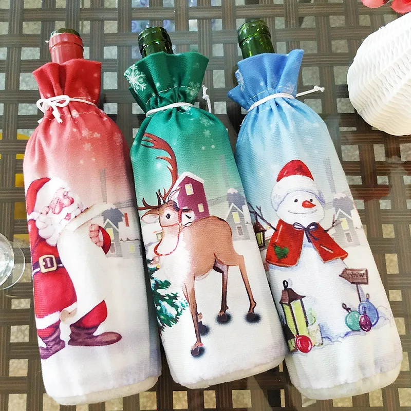 Juldekoration Santa Claus Wine Bottle Cover Santa Claus Flaskhållare Väska Snögubbe Xmas Vinflaska Klädsel Heminredning VT0758