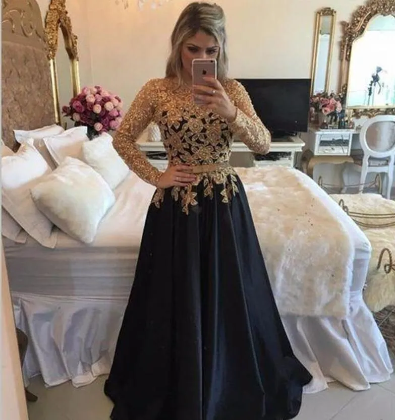 Gold Lace Appliqued Beaded Satin Long Sleeve Formal Gown with Black Illusion Long Sleeves and Bow Belt - 2020 Arabic Dubai Evening Party Dress