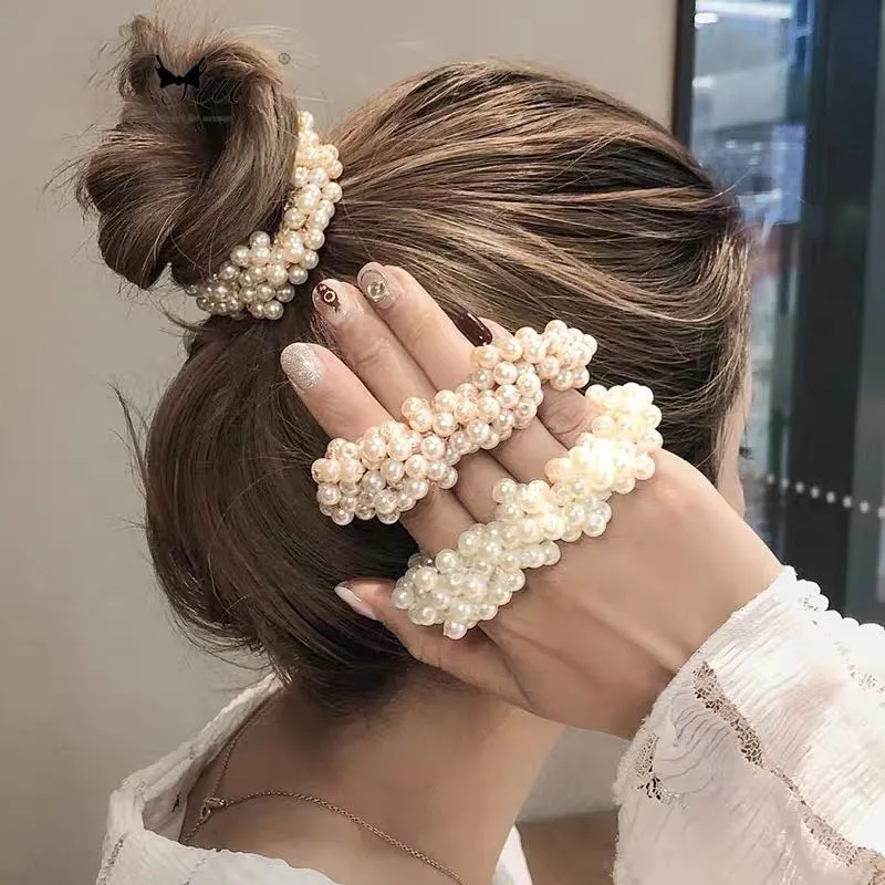 1pc Fashion Girls Pearl Hair Ring Tie Pärlor Hår Elastiska Gummiband Koreanska Scrunchie Gum Headdress