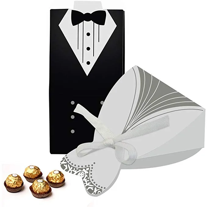 Kreativ favörhållare Tuxedo Bridal Dress Candy Boxes 50st Bulk Candy Choklad Presentkorg Bonbonniere För Bröllopshållare Laser Cut Card med Ribbon 2022