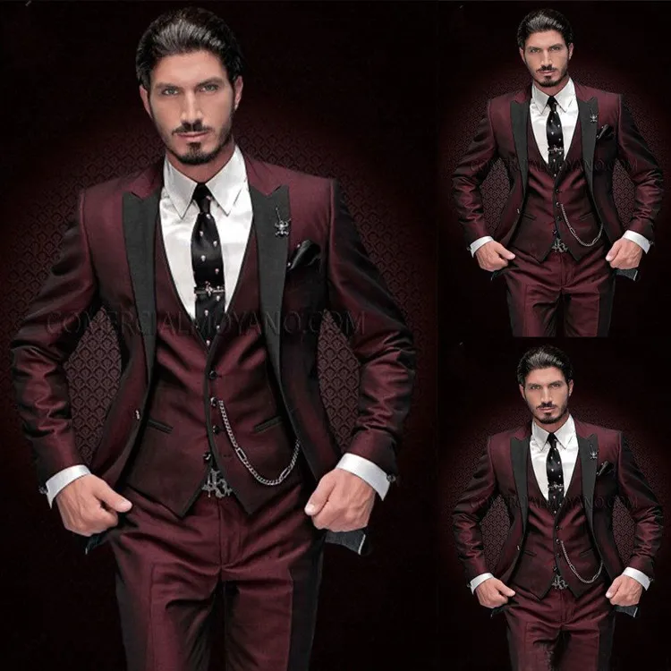 Burgundia Męskie 3 sztuki Garnitury Czarny Peaked Lapel Slim Fit Fit Groom Wedding Tuxedos Groomsman Formalne Prom Suit (Kurtka + Spodnie + Kamizelka)