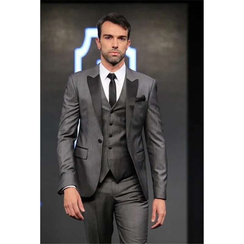 Moda Gris Novio Esmoquin Negro Pico Solapa Slim Fit Hombres Boda Esmoquin Hombres Chaqueta Blazer Excelente Traje de 3 piezas (Chaqueta + Pantalones + Corbata + Chaleco) 1217