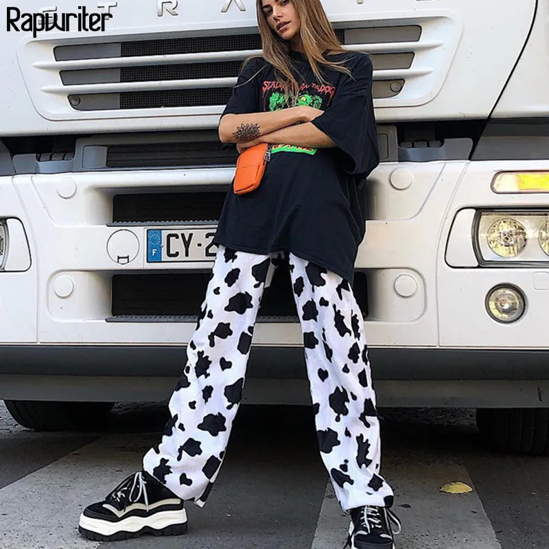 Rapwriter Casual Élastique Taille Haute Lait Vache Imprimer Pantalon Femmes 2018 Printemps Droite Lâche Pantalon De Mode Pantalon Femme Pantalon V191019