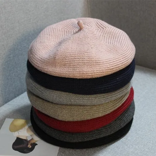 7 Color Women Beret Winter Warm Beanie Japanese Style Thread Knitted Hat Solid Caps Stretchy Flat Hat Stylish Trilby Outdoor Hats