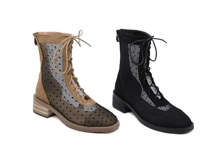 Seksi Siyah Meshy Hollow Out Lace Up Tıknaz Topuklar Ayak bileği Bootie Yaz Lüks Kadınlar Tasarımcı Ayakkabı