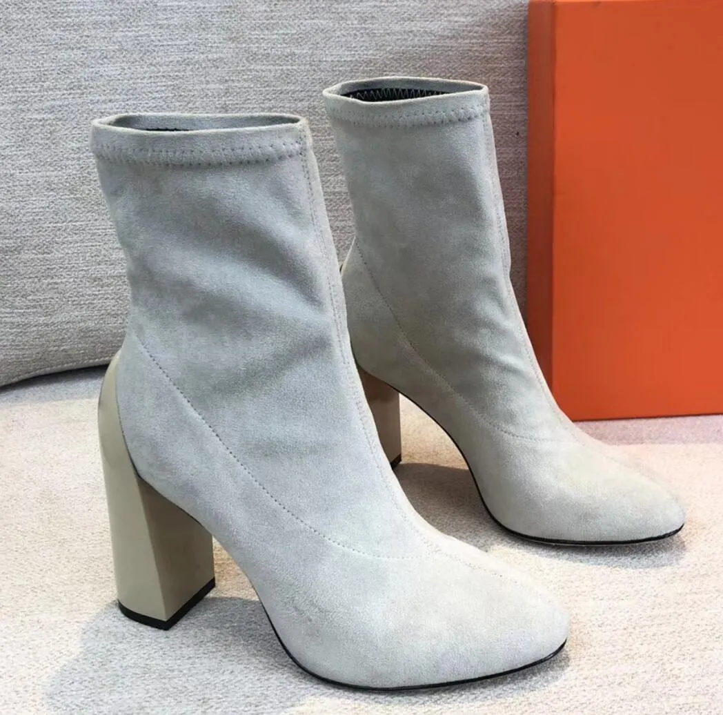 Vente chaude-printemps automne semelle en cuir véritable pour femme Orange noir chaussons chaussette en daim stretch tirer sur les talons hauts 6 pouces bottines