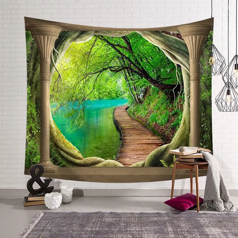 Tenture Murale Fenêtre Vue Sur Mer Avec Mouettes - 130x150 Cm - Tissu Polyester, Impression 3D - Pour Salon/chambre